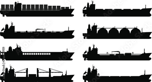 Quadro su tela Commercial Cargo Ship Silhouette Collection for Maritime Transport and Logistics