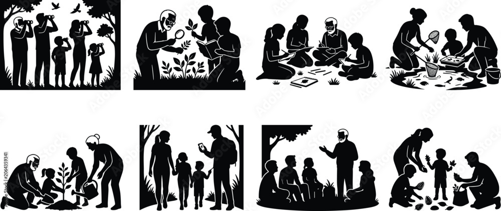 Fototapeta premium Community Environmental Education Silhouette Collection with Nature Learning and Conservation Activities