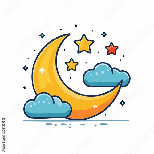 Cartoon Crescent Moon with Stars and Clouds