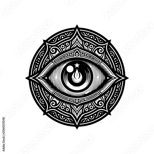 Konstfotografi A detailed vector icon set featuring an eye with an intricate design and ornate patterns in black and white, showcasing a mystical and symbolic illustration style