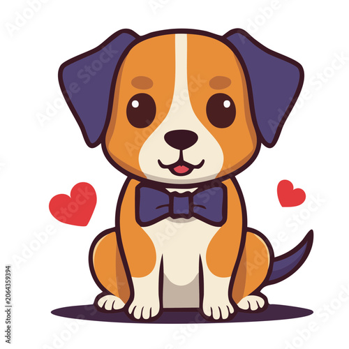 Cute cartoon dog with bow tie and hearts