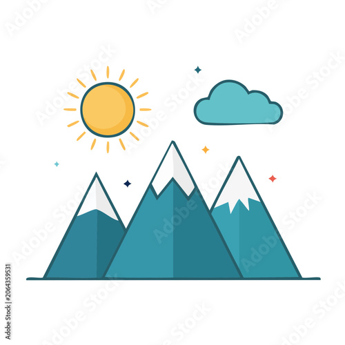 Flat design mountain range with sun and cloud