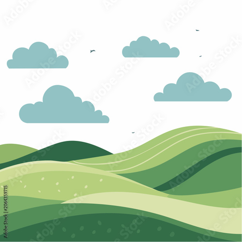Stylized Rolling Green Hills and Clouds