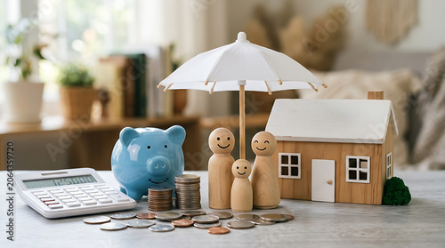 Family Home Insurance and Financial Planning Concept with Savings Piggy Bank and Wooden Figurines