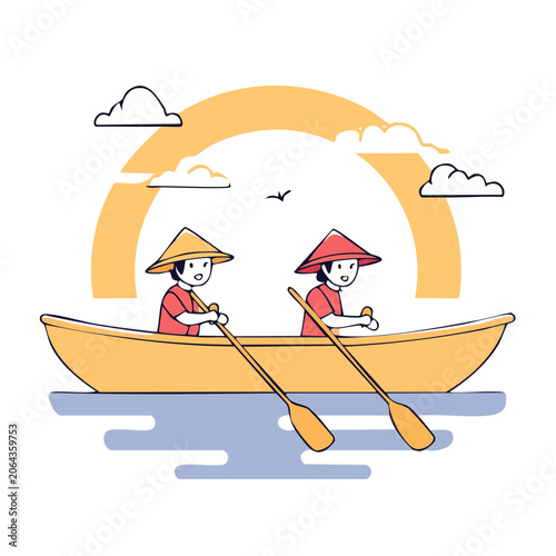 Two people rowing a boat at sunset with stylized sun and clouds