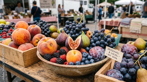 Fresh organic fruits displayed in baskets at farmers market  