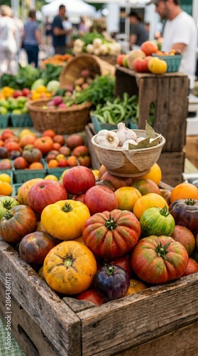 Colorful tomatoes and vegetables at open market stall with baskets  