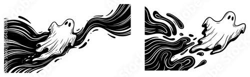 Photos Spooky ghosts with flowing smoke trails floating in dark liquid vintage engravin