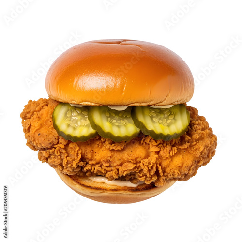Crispy fried chicken sandwich with pickles and creamy sauce on soft bun isolated on transparent background.