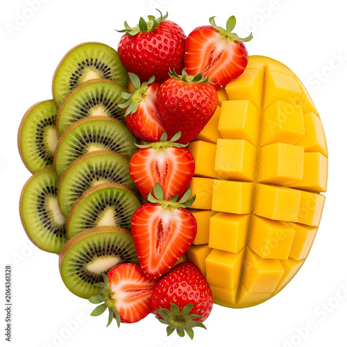 Arrangement of sliced kiwi strawberries and diced mango cubes isolated on transparent background.