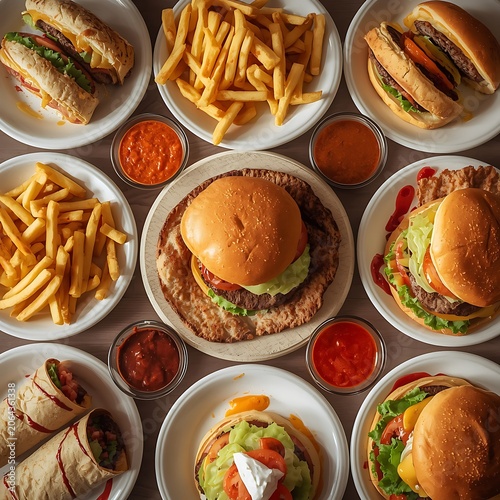 Fast Food Feast with Burgers, Fries, Wraps and Dipping Sauces – Assorted American Junk Food Platter