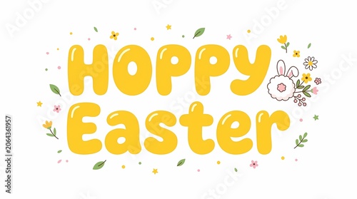 Hoppy Easter text with floral and bunny elements.