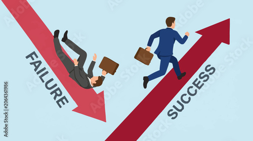 Konstfotografi Business success and failure concept with businessmen on opposing arrows