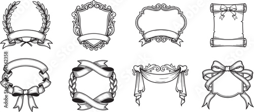Vintage Cartouche and Crest Frames Pack with Laurel Wreath, Scroll, and Ribbon Bows