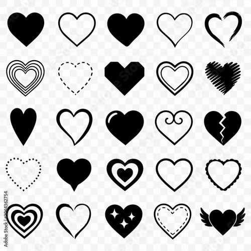 Set of black heart icons and silhouettes in various styles including hand drawn and geometric for Valentine's Day and romantic branding