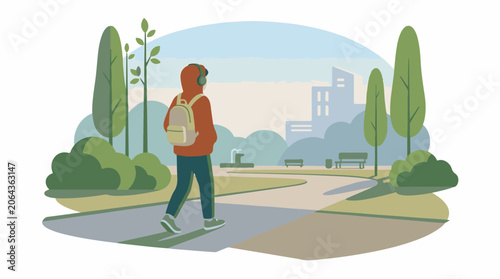 A person wearing headphones walks on a path in a park with trees and buildings