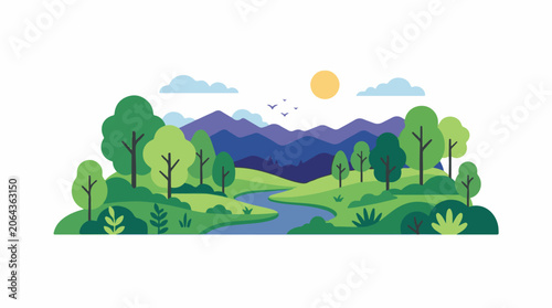 A serene landscape with a river flowing through a green valley surrounded by trees and mountains (2)