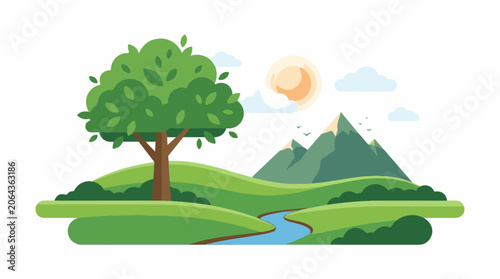 A serene landscape with a tree, stream, and mountains (1)