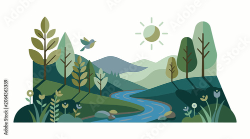 A serene landscape with a winding river, trees, flowers, and a bird in flight under a sunny sky
