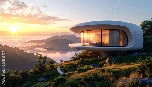 Futuristic luxury house on mountain ridge at golden sunset