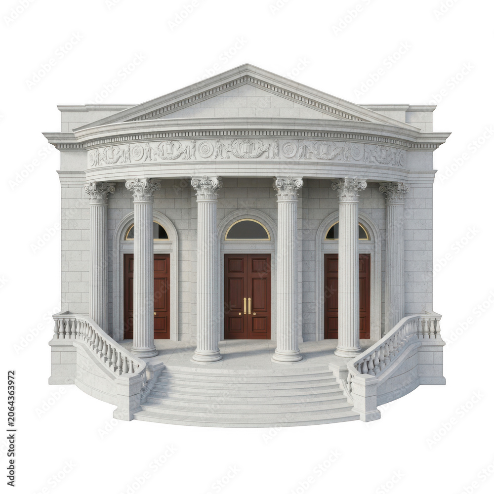 Obraz premium Classical white building facade with red door and columns isolated on transparent background