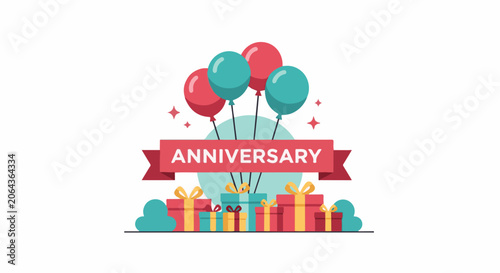 Colorful anniversary graphic with balloons and gifts