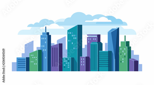 Colorful cityscape with various buildings and clouds