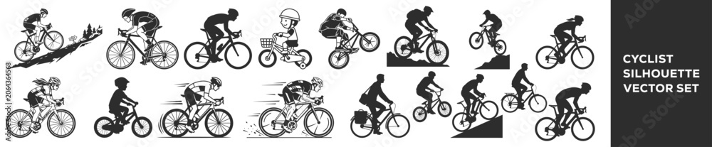 Naklejka premium Cyclist Silhouette Vector Set with Different Riding Poses