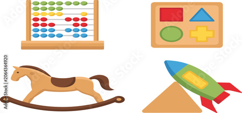 Fényképezés Educational kids wooden toys set with abacus shape sorter puzzle rocking horse a