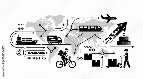 A black and white infographic depicting global logistics and transportation