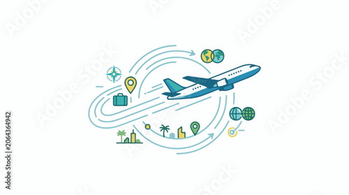 A blue and white airplane surrounded by travel-related icons