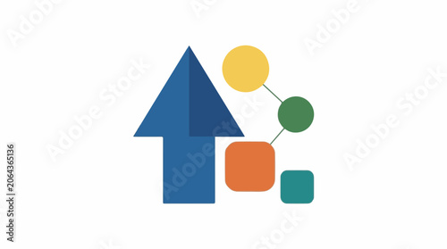 A blue arrow points upward with colorful shapes