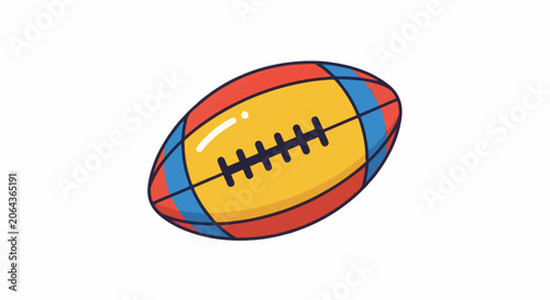 A cartoon-style illustration of a rugby ball with a yellow center, blue and red accents