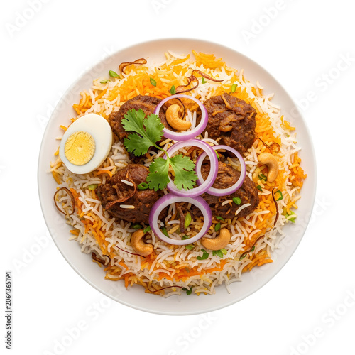 Top view of mutton biryani served on a white plate with a boiled egg, onion rings, cashews, and cilantro garnish.