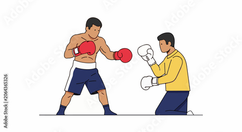 A cartoon illustration of a boxer and a trainer