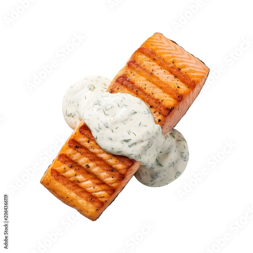 Grilled salmon fillets with dill cream sauce isolated on transparent background top view.