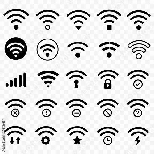 Professional set of wireless signal and wifi connection icons in a flat minimalist style for interface design and mobile application development