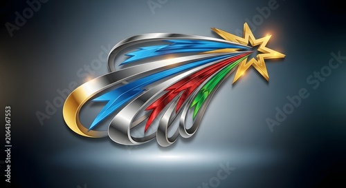 A colorful 3d star with blue, red, green, and silver swirling ribbons on a gradient background