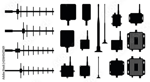 Telecommunication antenna transmitter signal receiver silhouettes, hapes of diverse telecommunication infrastructure, comprising Yagi directional antennas, whip antennas, panel arrays, and radio
