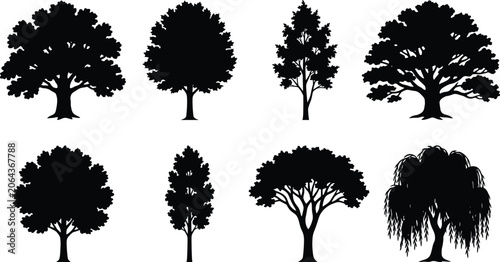 Tableau sur toile Tree Silhouette Collection Featuring Diverse Woodland and Landscape Tree Shapes