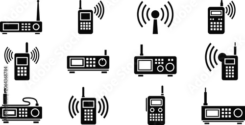 Tableau sur toile Wireless Communication Device Silhouette Set with Radios Antennas and Signal Ico