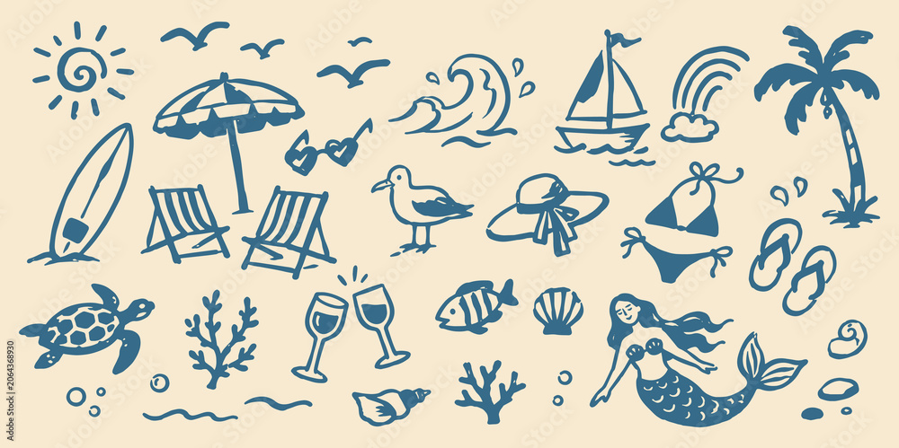 Obraz premium Beach Summer Vacation Doodle Set Vector Illustration