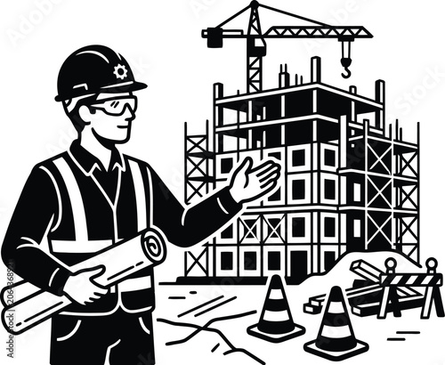 Billede på lærred Construction worker and building silhouette black and white illustration