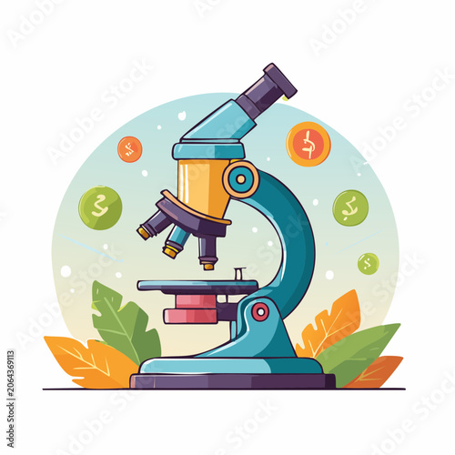 Microscope with Scientific Symbols and Leaves