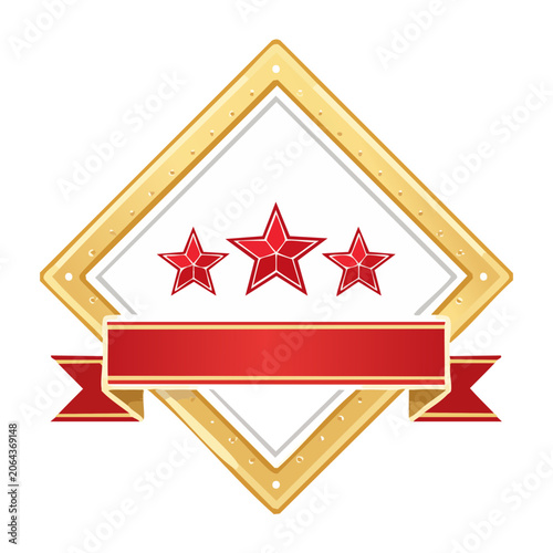 Gold and red award badge with three stars and ribbon