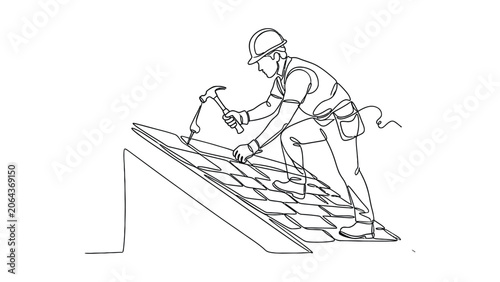 Continuous line drawing of a construction worker roofing a house.