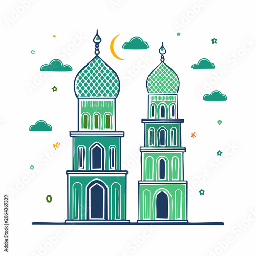 Two Green Mosque Minarets with Crescent Moon and Clouds