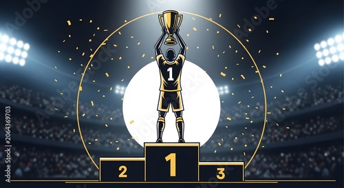 A champion athlete standing on a podium with a trophy in a stadium