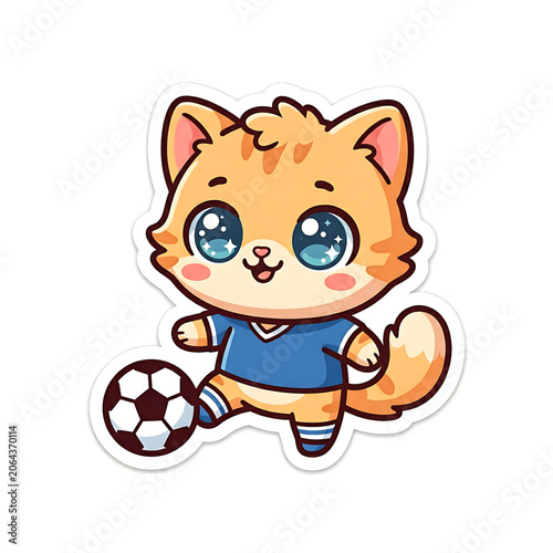 Cute cartoon fox kit playing soccer with tears of joy in flat design style illustration