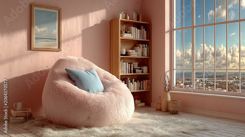 Cozy kids room with blue bean bag chair and bookshelf